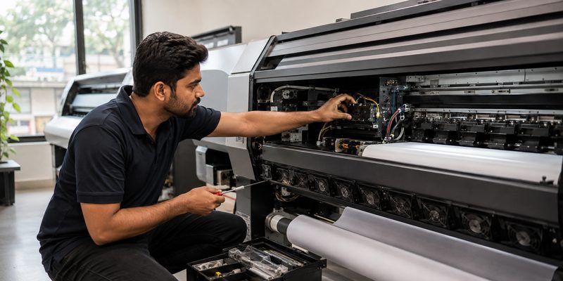 Technician inspecting printing equipment